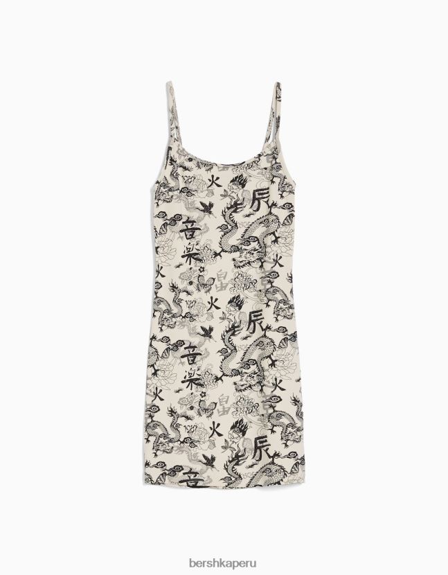 crema Bershka mujer vestido corto de canalé con tiras estampadas 806J6B11