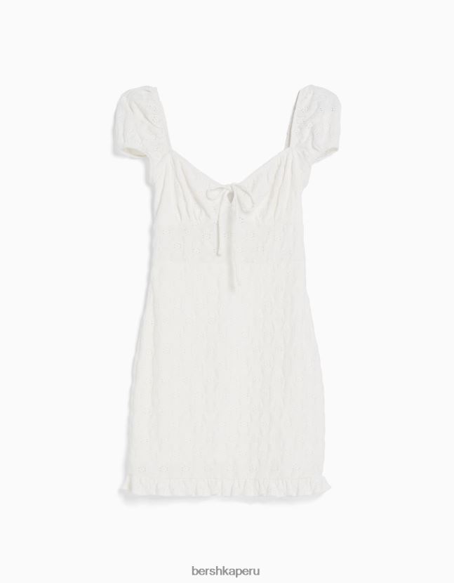 crema Bershka mujer vestido corto de manga corta con bordado suizo 806J6B4102