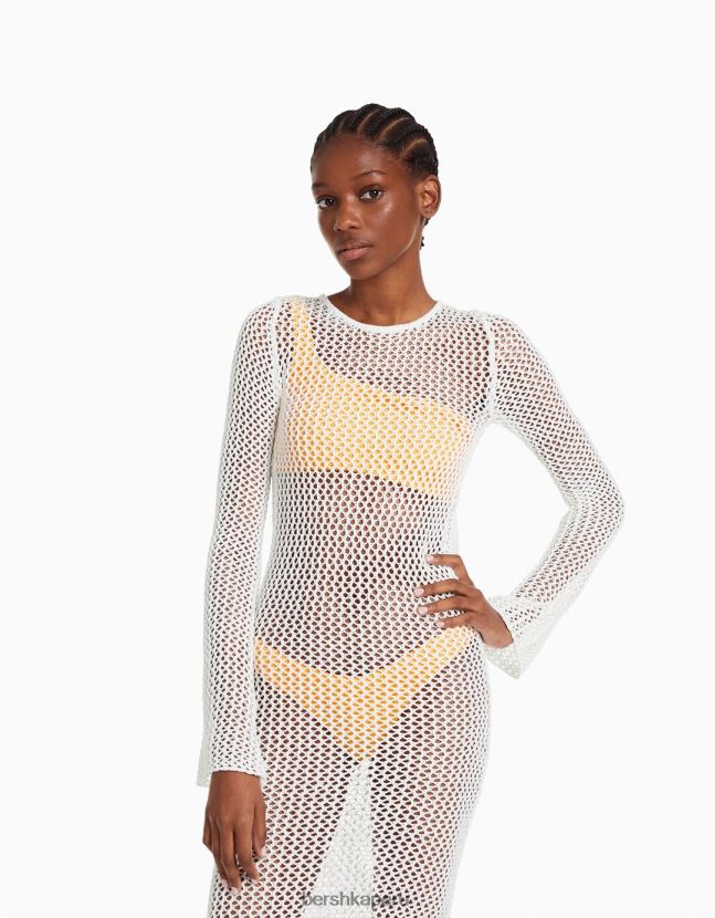 crema Bershka mujer vestido de malla midi de manga larga 806J6B999