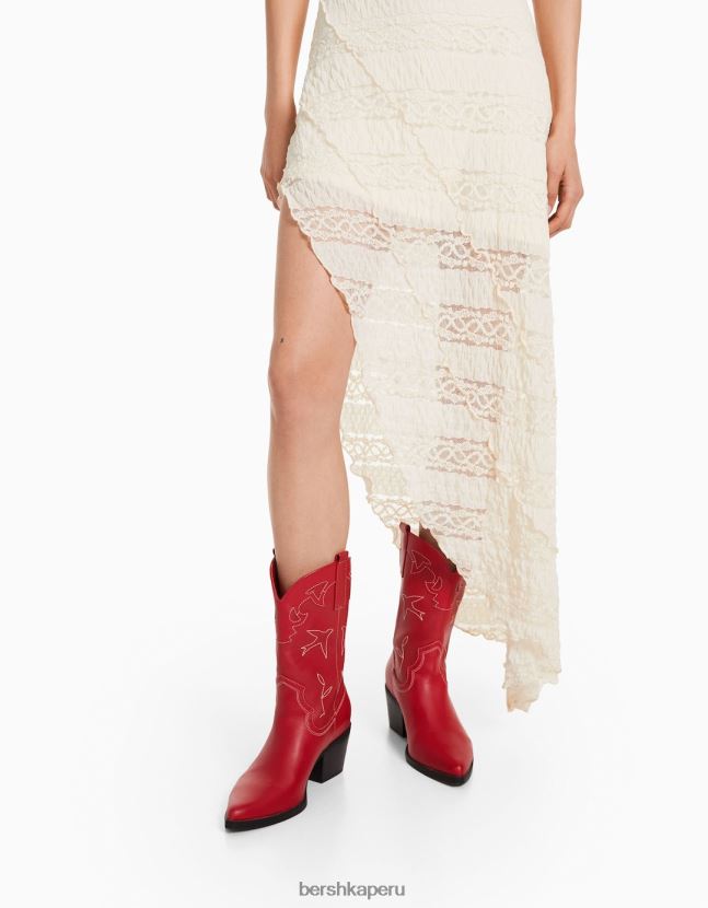 crema Bershka mujer vestido largo asimétrico de encaje con tirantes 806J6B100