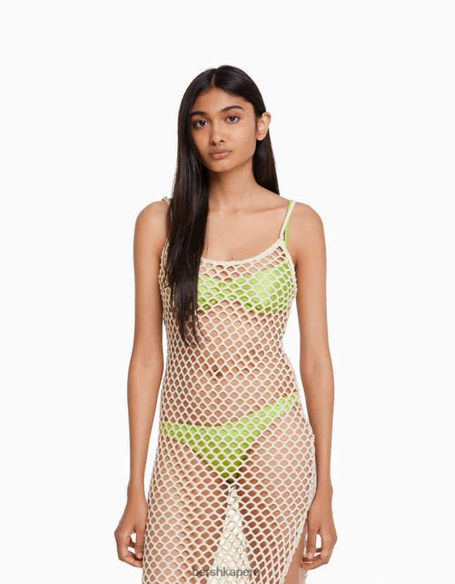 crema Bershka mujer vestido largo de malla con tirantes 806J6B169