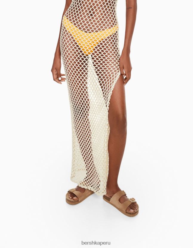 crema Bershka mujer vestido largo de malla con tirantes 806J6B1880