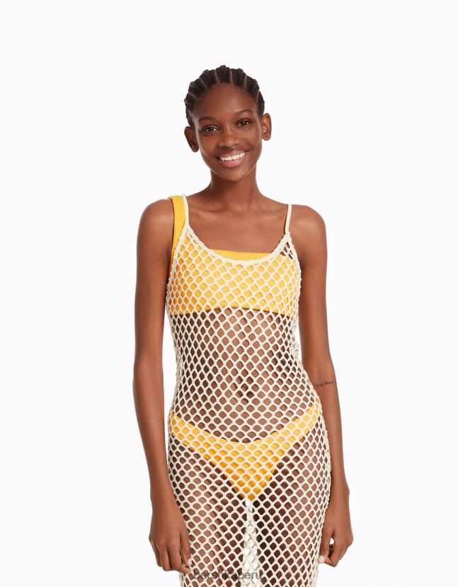 crema Bershka mujer vestido largo de malla con tirantes 806J6B191