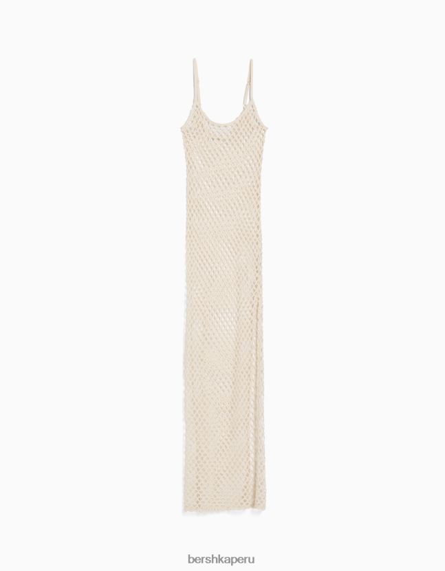 crema Bershka mujer vestido largo de malla con tirantes 806J6B191