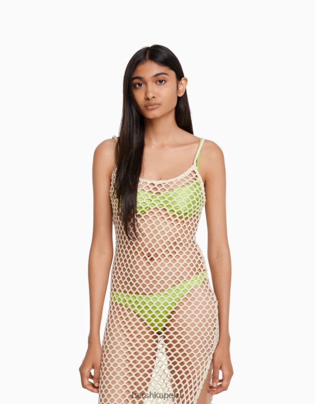 crema Bershka mujer vestido largo de malla con tirantes 806J6B958