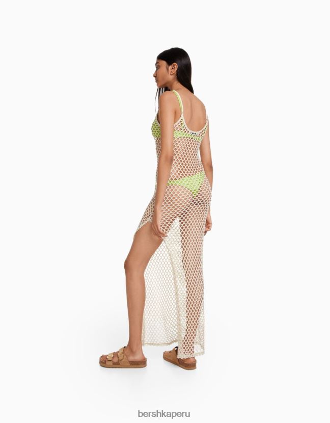 crema Bershka mujer vestido largo de malla con tirantes 806J6B958
