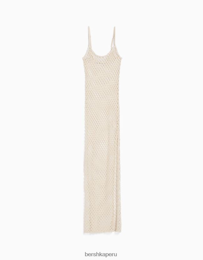 crema Bershka mujer vestido largo de malla con tirantes 806J6B958