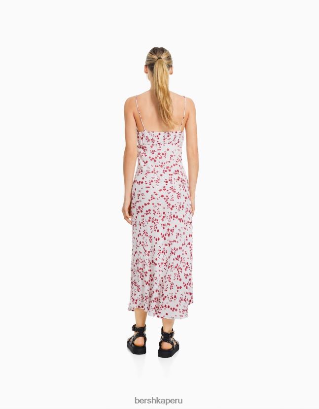 crema Bershka mujer vestido midi de crepé con tiras estampadas 806J6B88