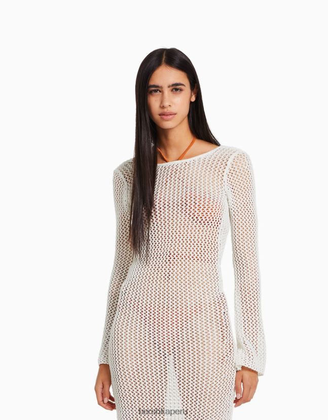crema Bershka mujer vestido midi de malla de manga larga con espalda abierta 806J6B189