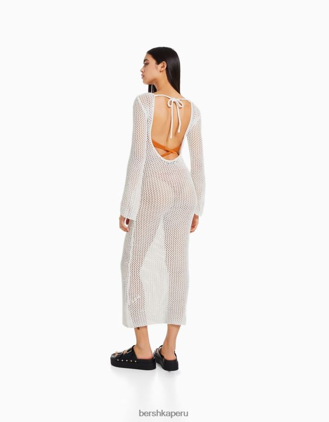 crema Bershka mujer vestido midi de malla de manga larga con espalda abierta 806J6B189