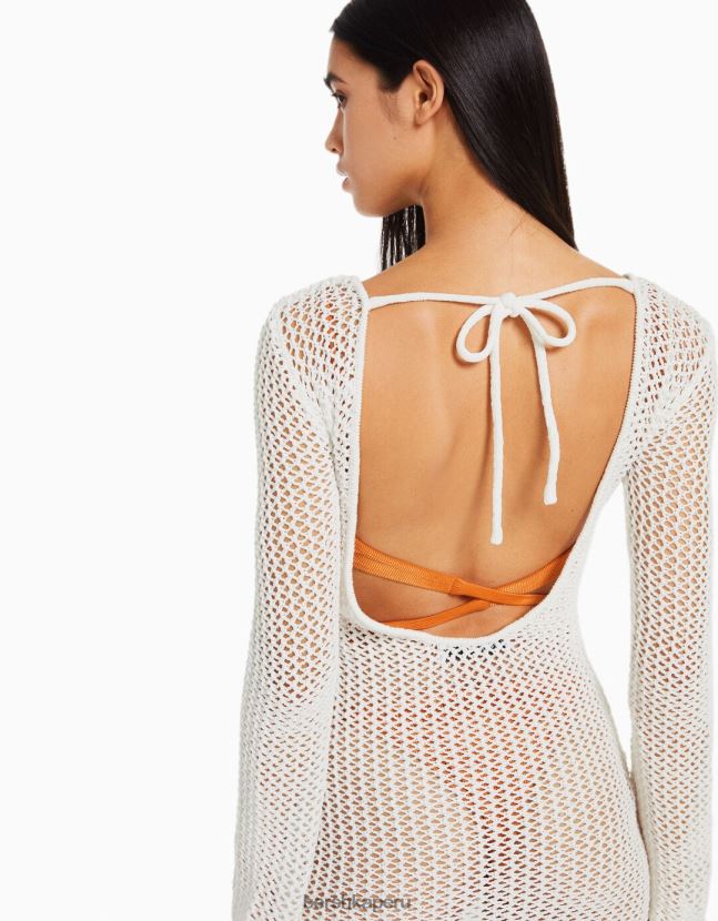 crema Bershka mujer vestido midi de malla de manga larga con espalda abierta 806J6B189