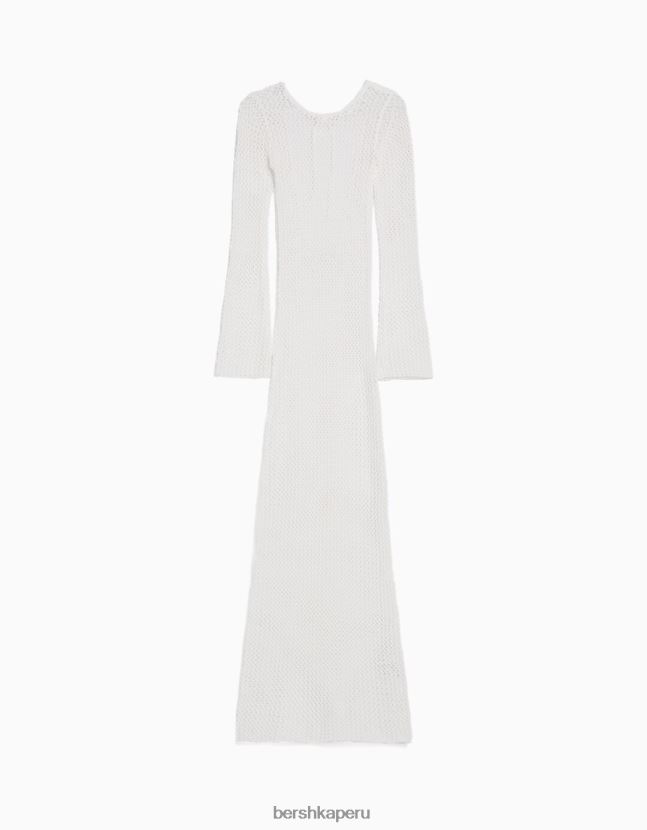 crema Bershka mujer vestido midi de malla de manga larga con espalda abierta 806J6B189
