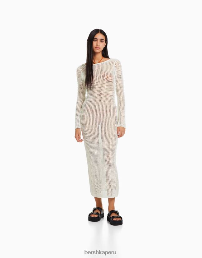 crema Bershka mujer vestido midi de malla de manga larga con espalda abierta 806J6B998