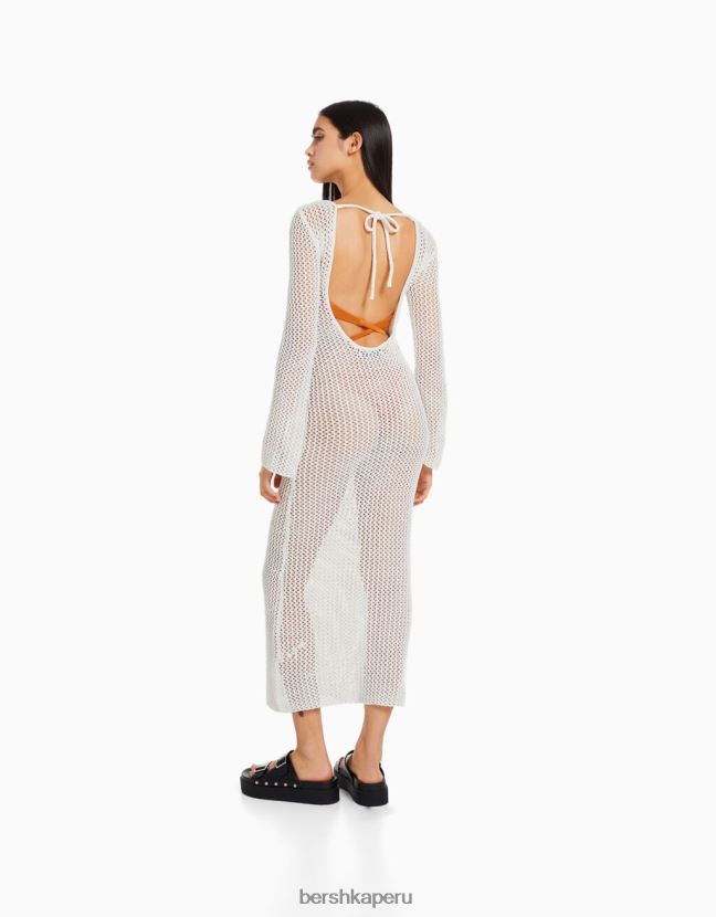 crema Bershka mujer vestido midi de malla de manga larga con espalda abierta 806J6B998