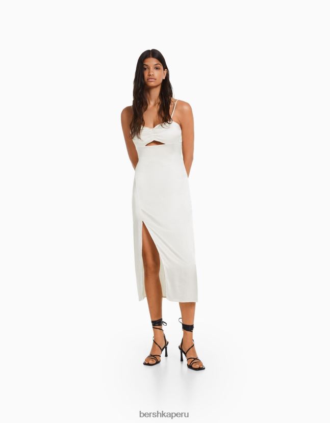 crema Bershka mujer vestido midi de tirantes de satén 806J6B177