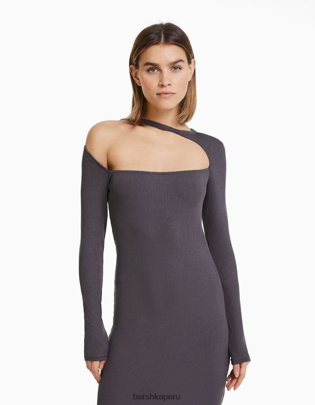 exclusivo Bershka mujer vestido midi de manga larga y escote asimétrico 806J6B257
