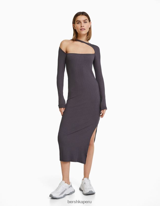 exclusivo Bershka mujer vestido midi de manga larga y escote asimétrico 806J6B257