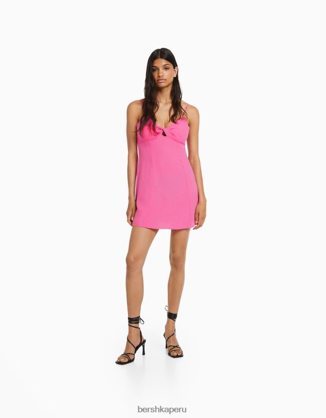 fucsia Bershka mujer vestido corto de mezcla de lino con tiras y nudo 806J6B72