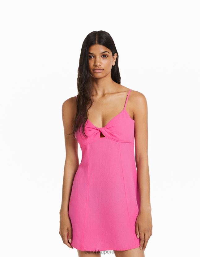 fucsia Bershka mujer vestido corto de mezcla de lino con tiras y nudo 806J6B72