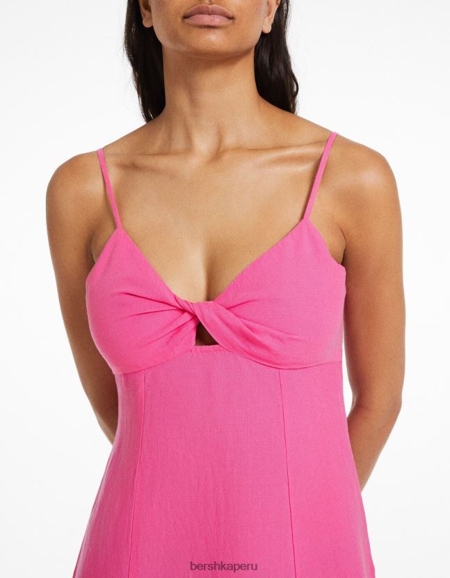 fucsia Bershka mujer vestido corto de mezcla de lino con tiras y nudo 806J6B72