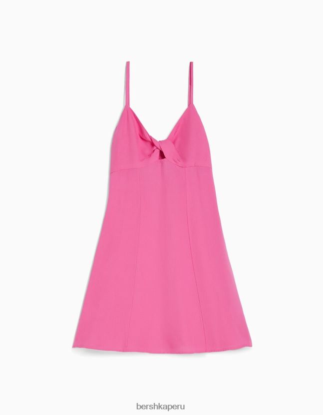 fucsia Bershka mujer vestido corto de mezcla de lino con tiras y nudo 806J6B72