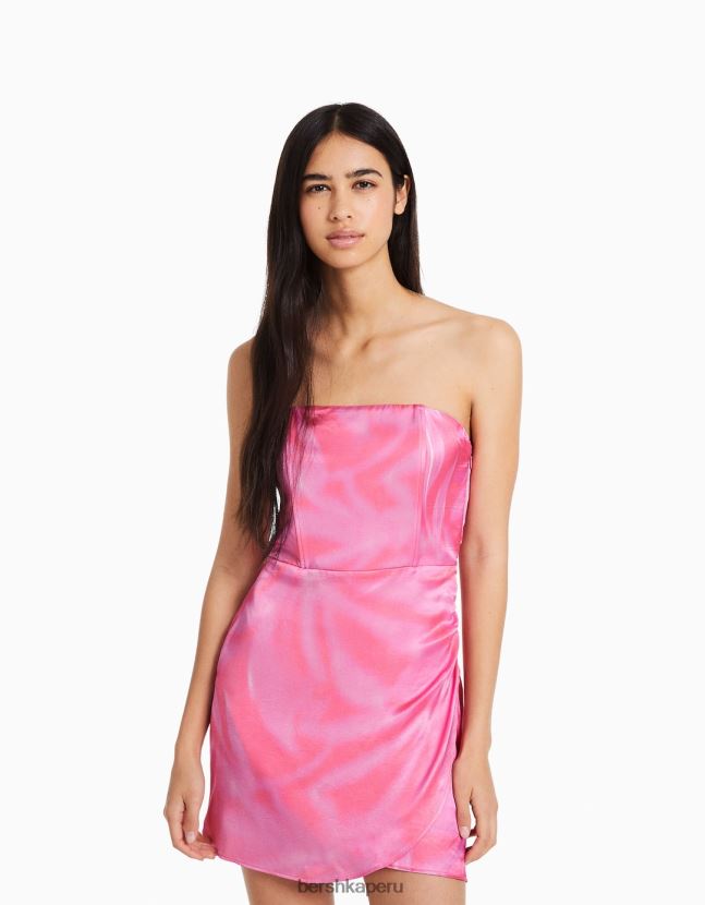 fucsia Bershka mujer vestido corto de satén con hombros descubiertos 806J6B104