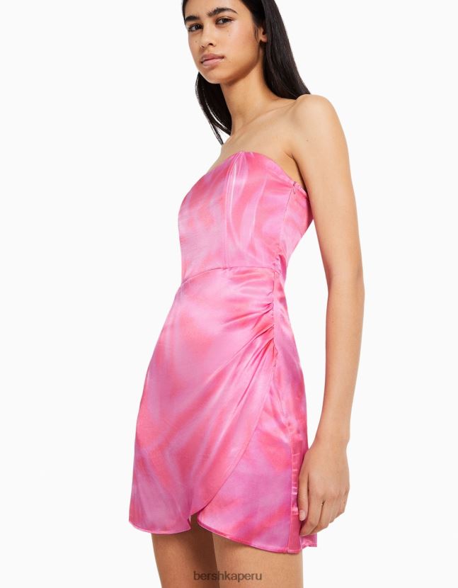fucsia Bershka mujer vestido corto de satén con hombros descubiertos 806J6B104