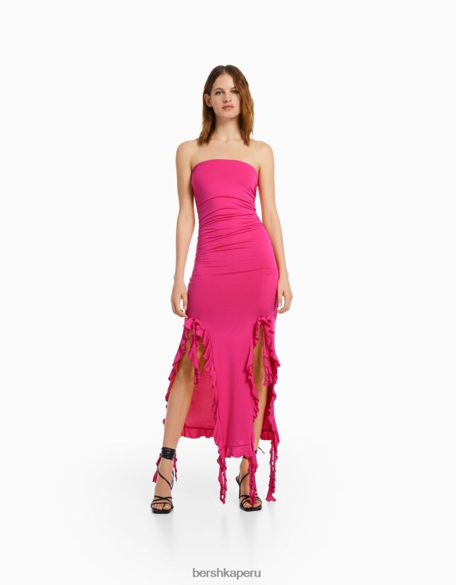 fucsia Bershka mujer vestido largo con hombros descubiertos y volantes 806J6B33