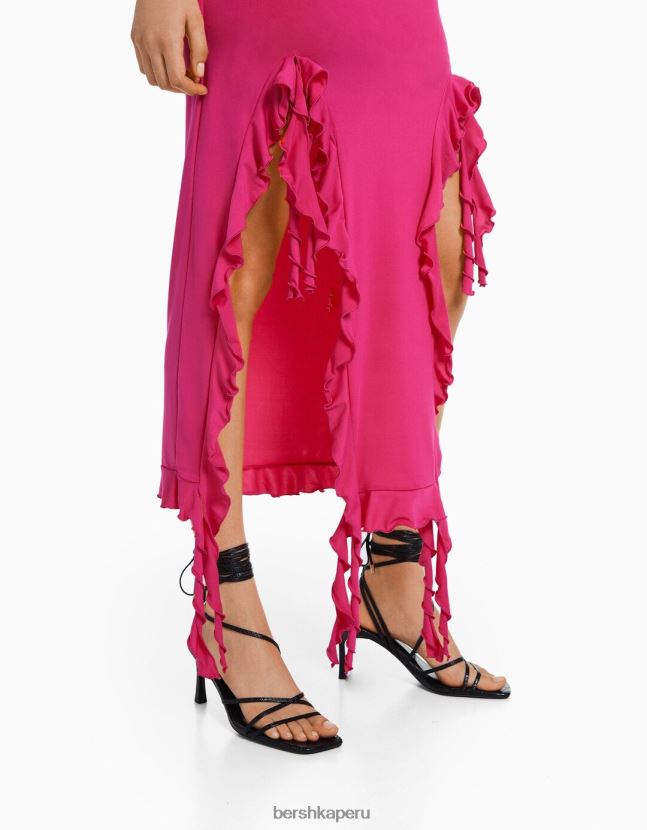fucsia Bershka mujer vestido largo con hombros descubiertos y volantes 806J6B33