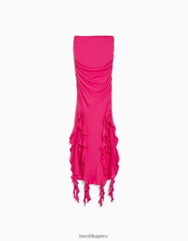 fucsia Bershka mujer vestido largo con hombros descubiertos y volantes 806J6B33