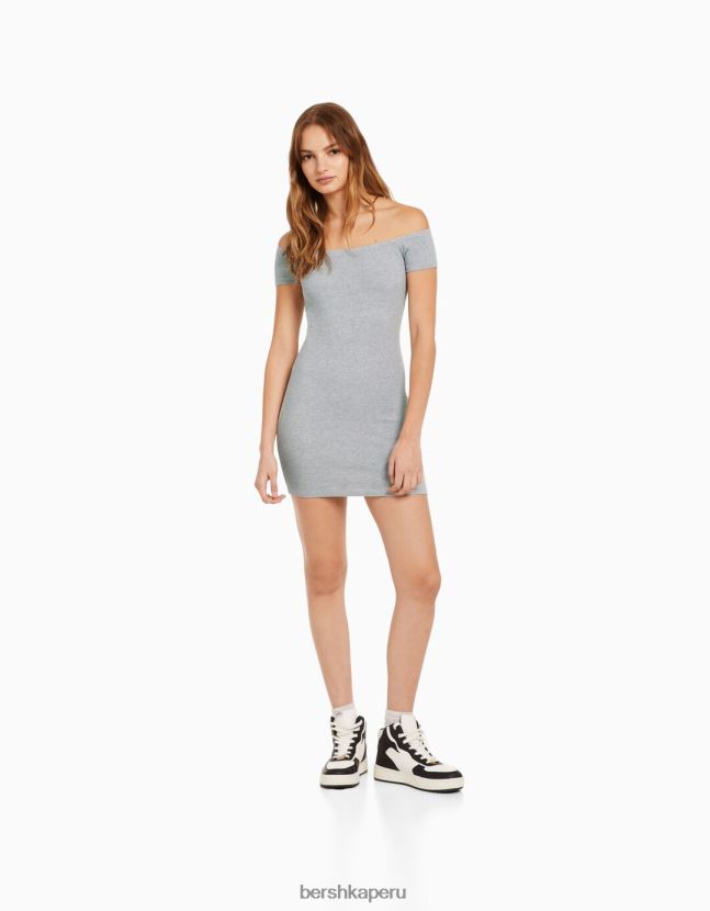 gris Bershka mujer mini vestido de manga corta con hombros descubiertos 806J6B4067