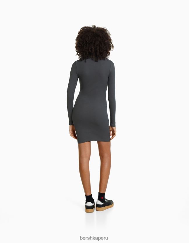 gris Bershka mujer vestido corto de canalé con manga larga 806J6B236