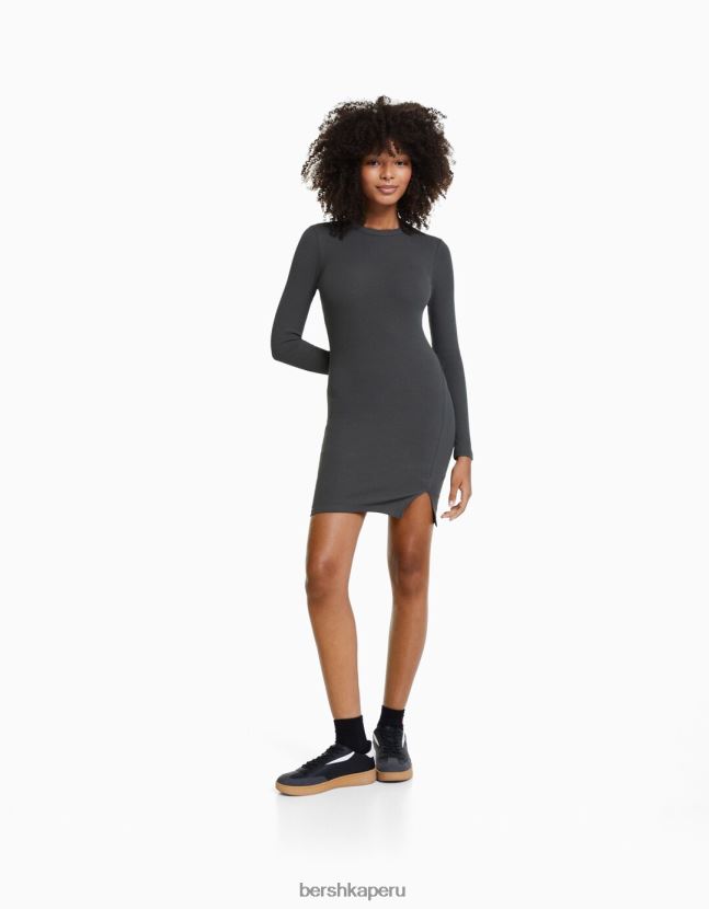 gris Bershka mujer vestido corto de canalé con manga larga 806J6B236