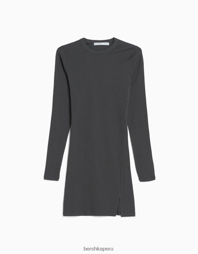 gris Bershka mujer vestido corto de canalé con manga larga 806J6B236