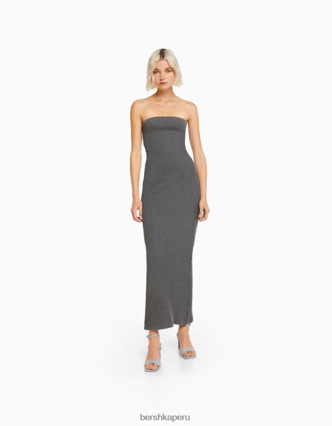 gris Bershka mujer vestido largo bandeau de canalé con efecto lavado 806J6B45