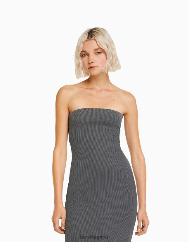gris Bershka mujer vestido largo bandeau de canalé con efecto lavado 806J6B45
