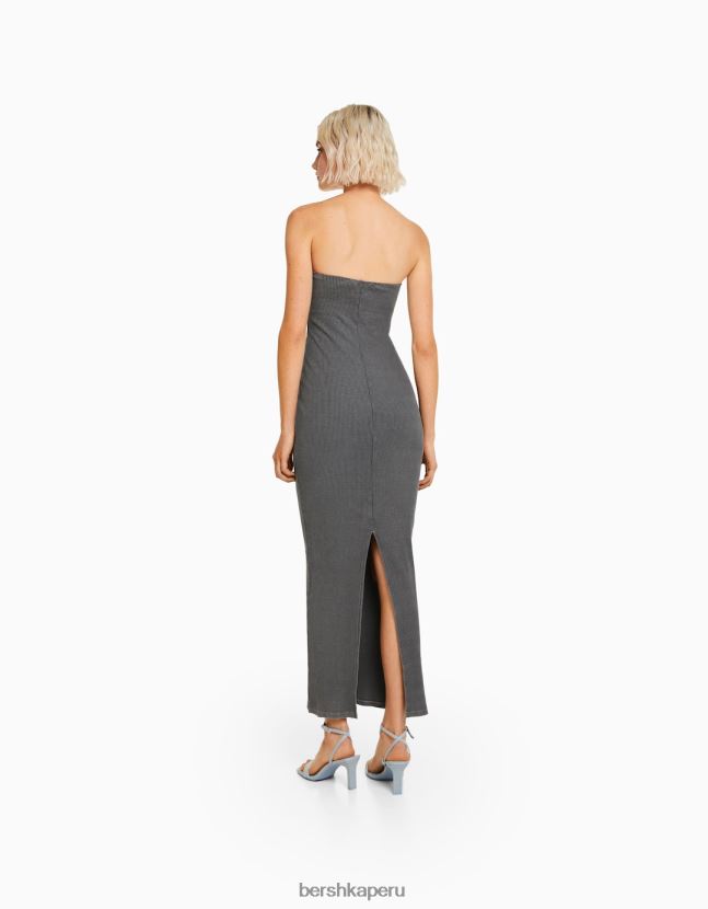 gris Bershka mujer vestido largo bandeau de canalé con efecto lavado 806J6B45