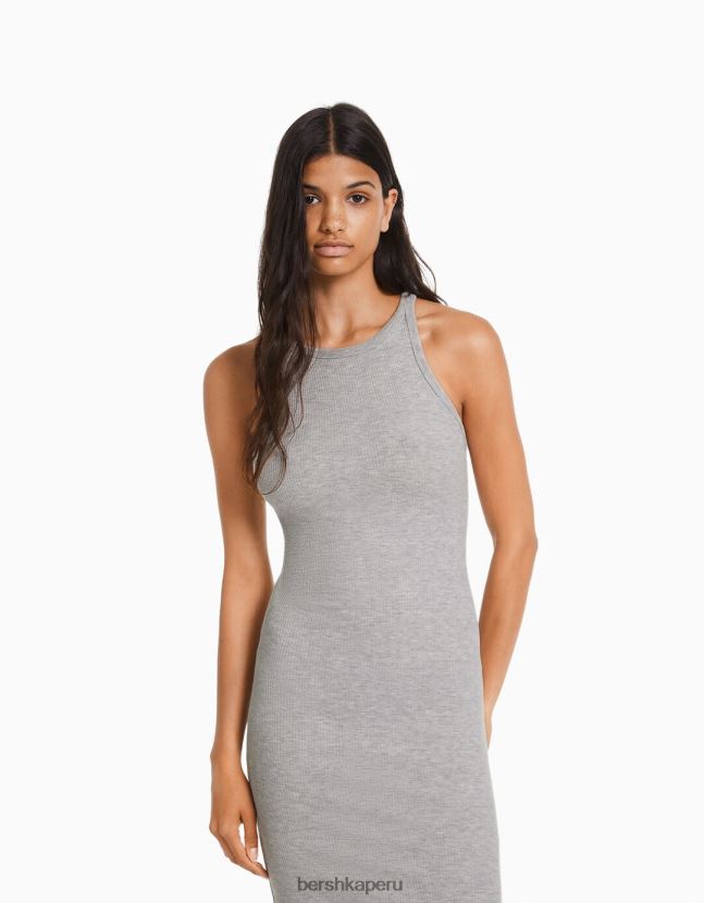 gris Bershka mujer vestido midi de canalé sin mangas 806J6B3