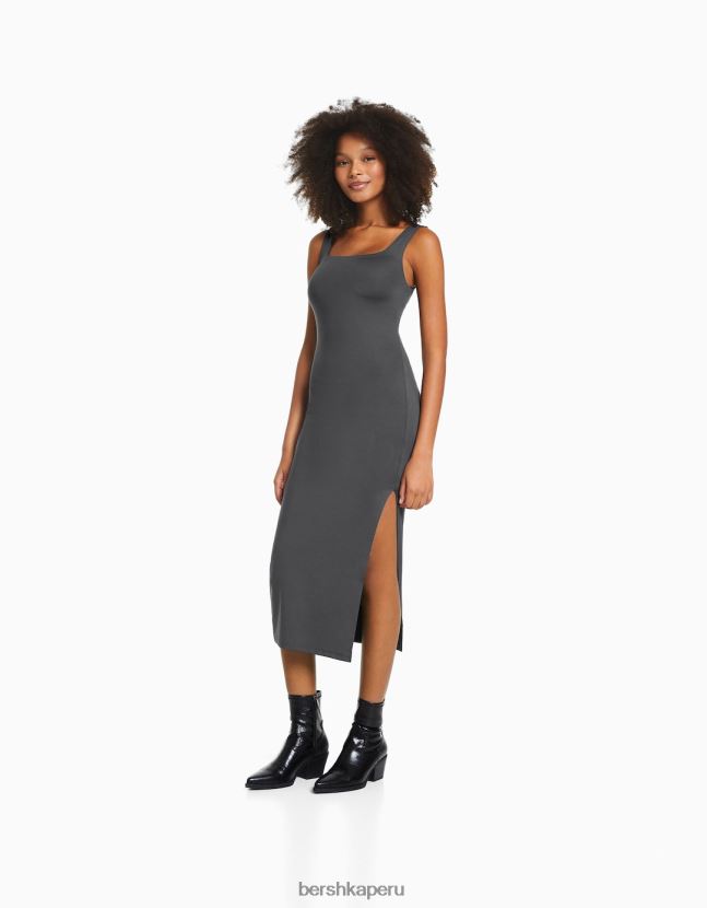 gris oscuro Bershka mujer vestido midi ajustado con tirantes 806J6B259