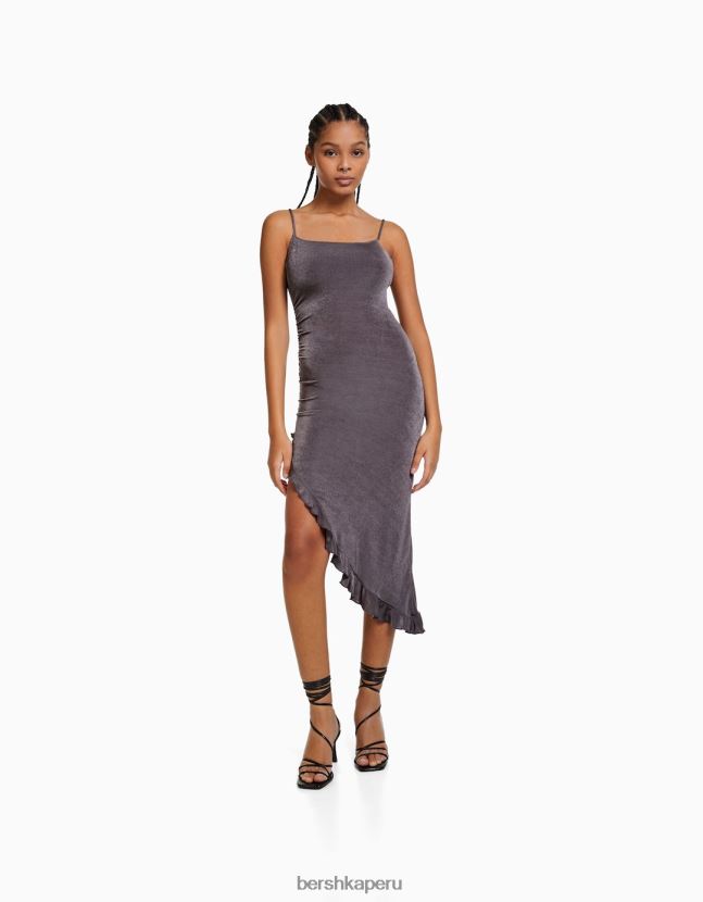 gris oscuro Bershka mujer vestido midi con tirantes y volantes 806J6B218
