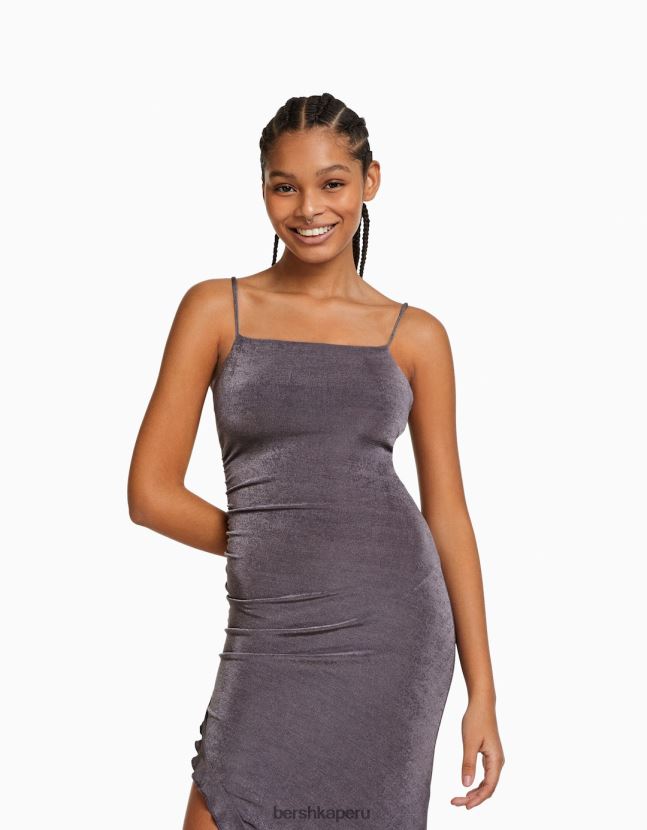gris oscuro Bershka mujer vestido midi con tirantes y volantes 806J6B218