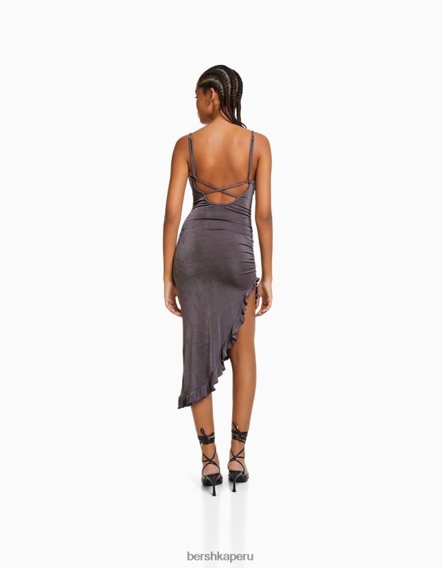 gris oscuro Bershka mujer vestido midi con tirantes y volantes 806J6B218