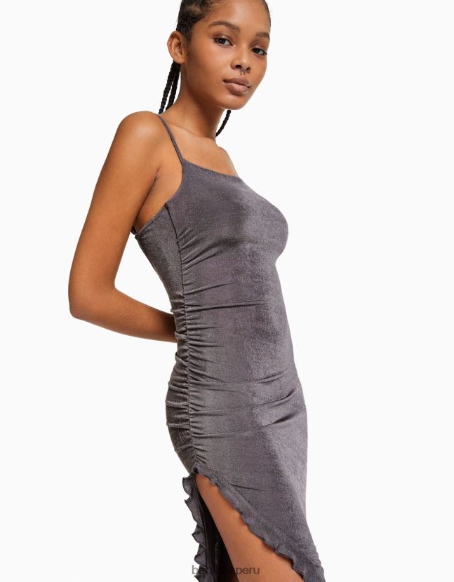 gris oscuro Bershka mujer vestido midi con tirantes y volantes 806J6B218