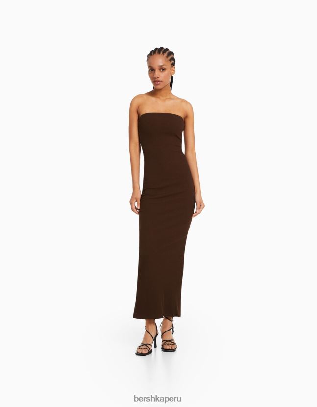 marrón Bershka mujer vestido bandeau largo de canalé 806J6B47