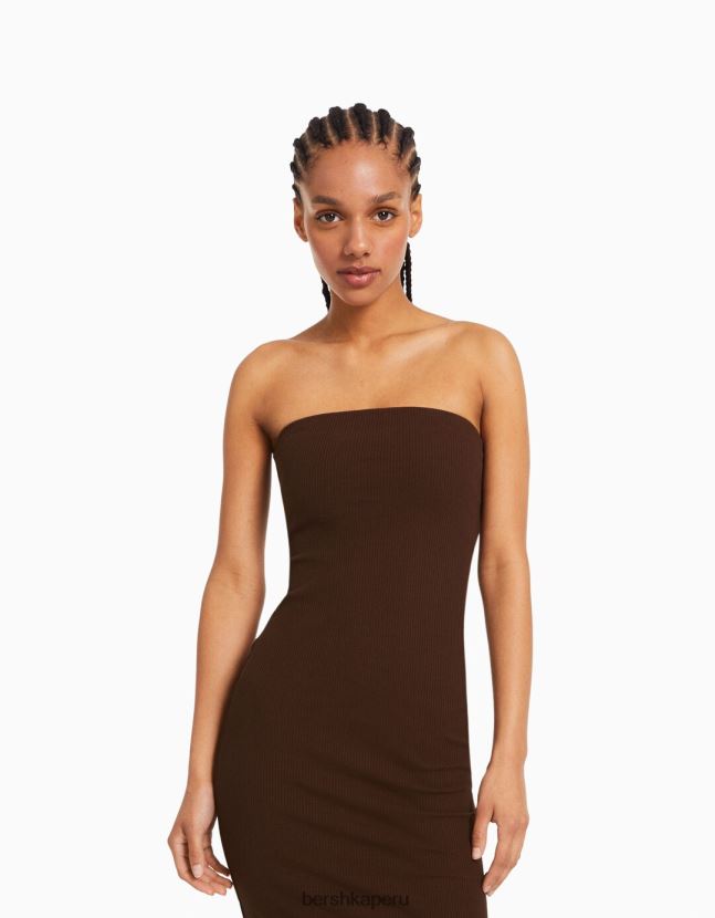 marrón Bershka mujer vestido bandeau largo de canalé 806J6B47