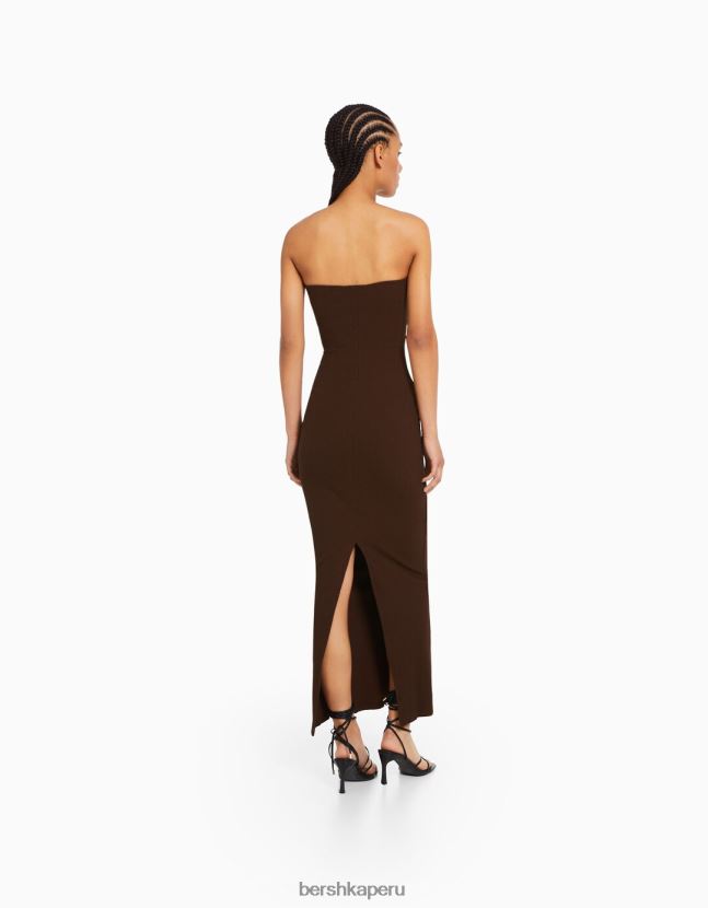 marrón Bershka mujer vestido bandeau largo de canalé 806J6B47