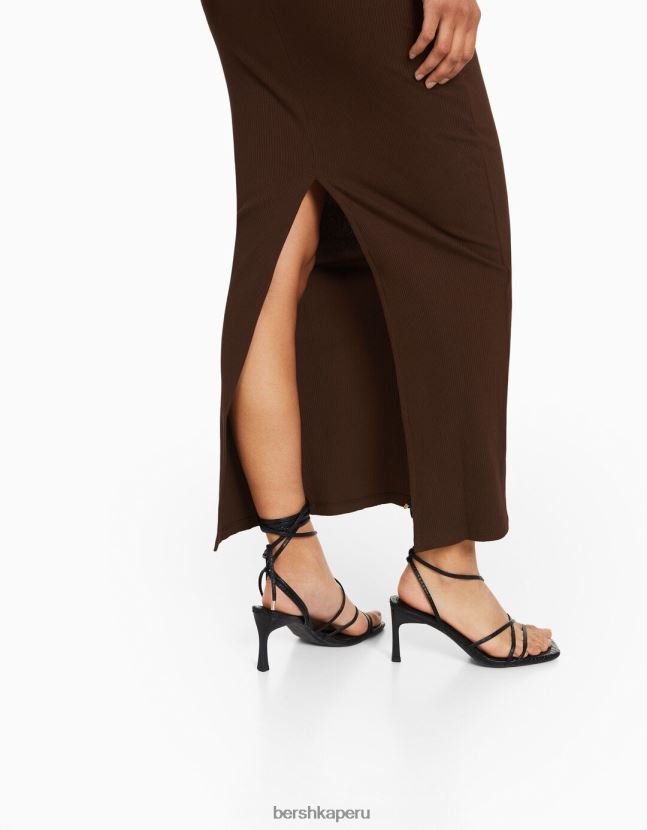 marrón Bershka mujer vestido bandeau largo de canalé 806J6B47