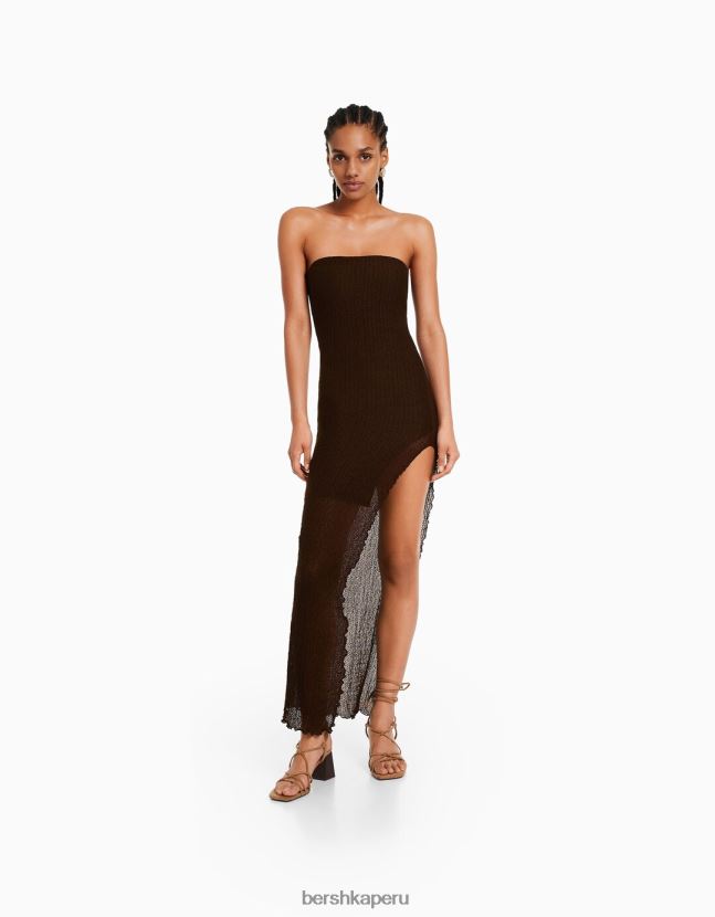 marrón Bershka mujer vestido largo bandeau con encaje rubio 806J6B40