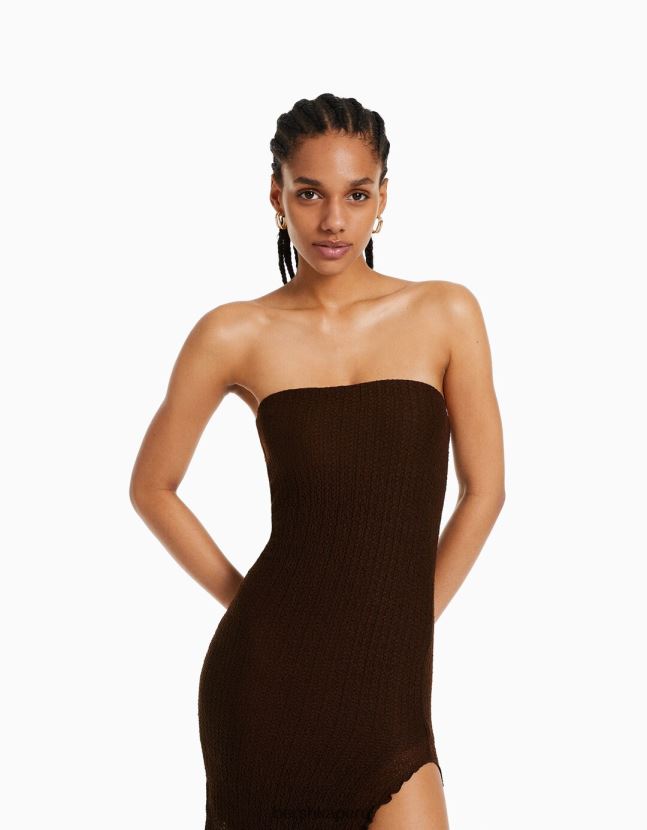 marrón Bershka mujer vestido largo bandeau con encaje rubio 806J6B40