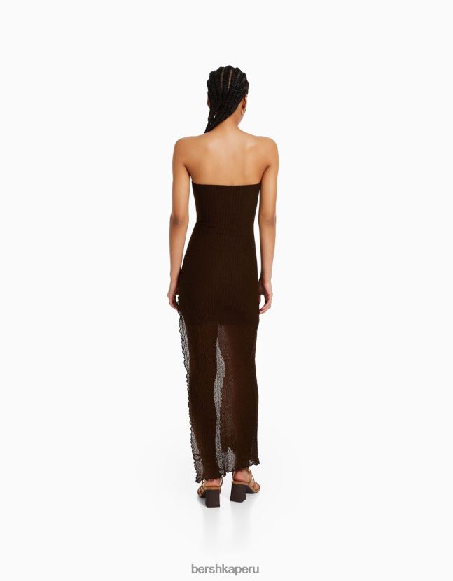 marrón Bershka mujer vestido largo bandeau con encaje rubio 806J6B40